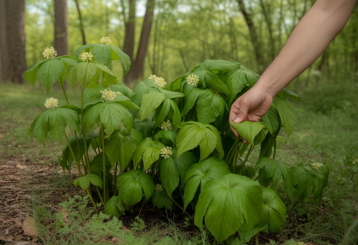 Benefits of Planting Native Mayapple for Ecosystem Health and Garden Diversity - PlantNative.org A hand tending to healthy native mayapple plants with umbrella-shaped leaves and white flowers in a sunlit forest setting.