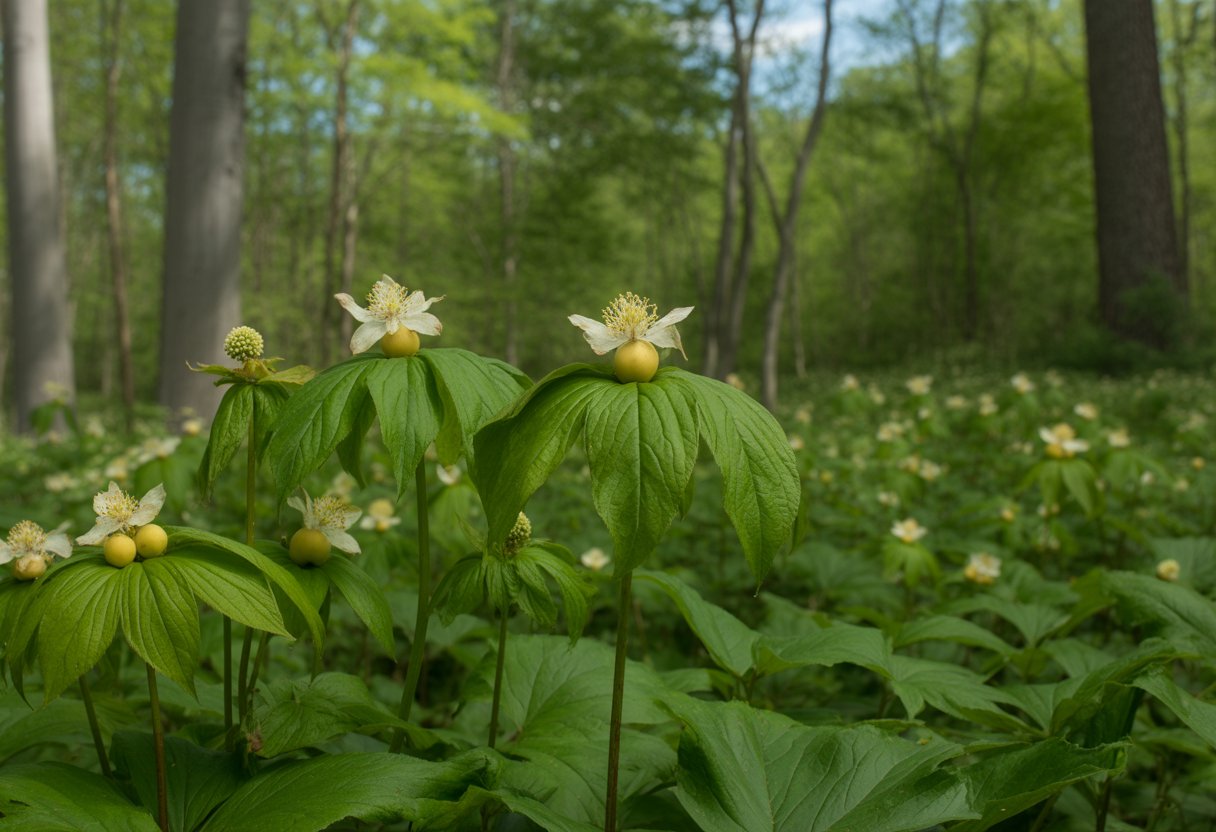 Benefits of Planting Native Mayapple for Ecosystem Health and Garden Diversity - PlantNative.org Close-up of native mayapple plants with umbrella-shaped leaves and white flowers growing in a forest under dappled sunlight.