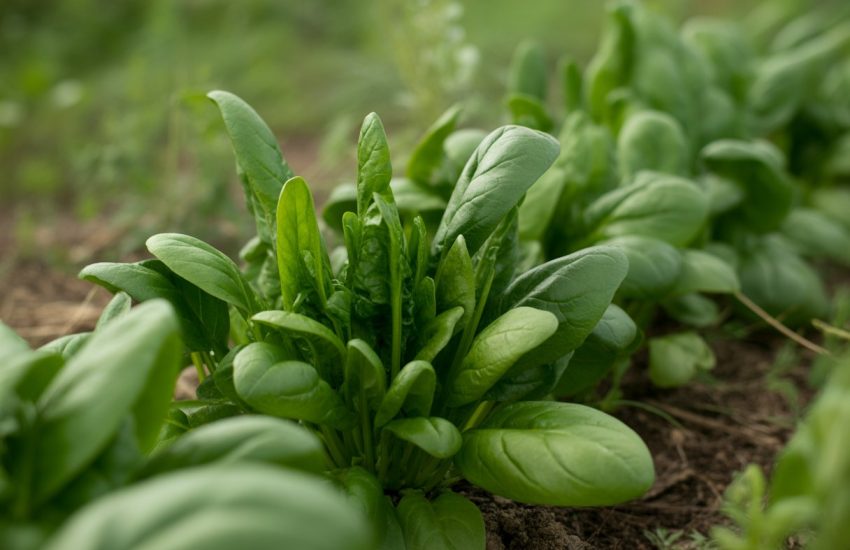 Fresh green native Missouri spinach leaves growing in a garden with soil and other plants.