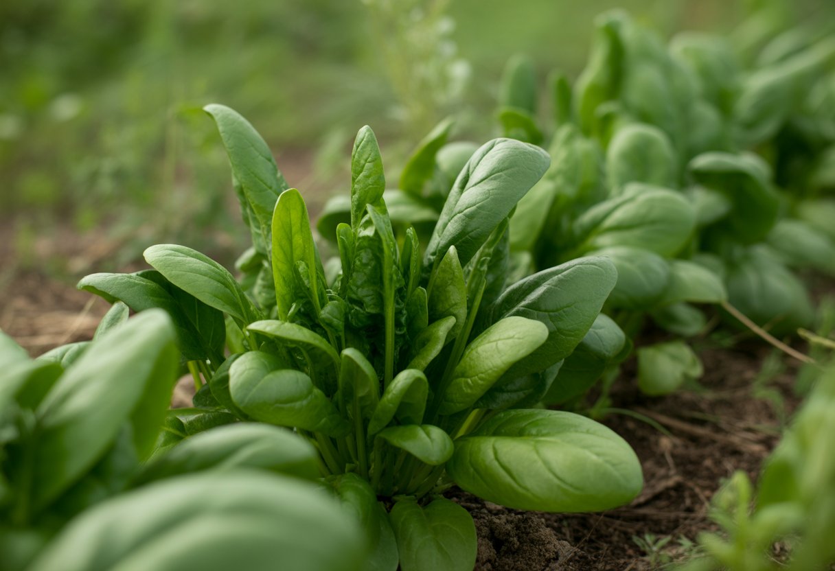 Fresh green native Missouri spinach leaves growing in a garden with soil and other plants.
