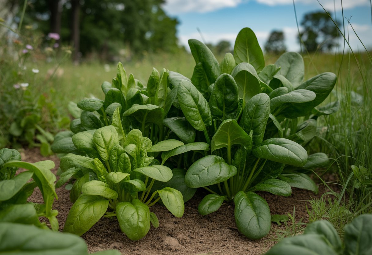 Various native spinach plants with green leaves growing in a garden with soil and natural outdoor background.