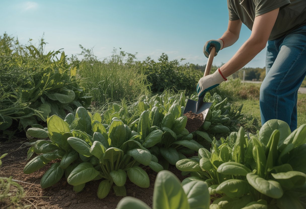 A gardener tending to healthy native spinach plants growing in a sunny outdoor garden bed.