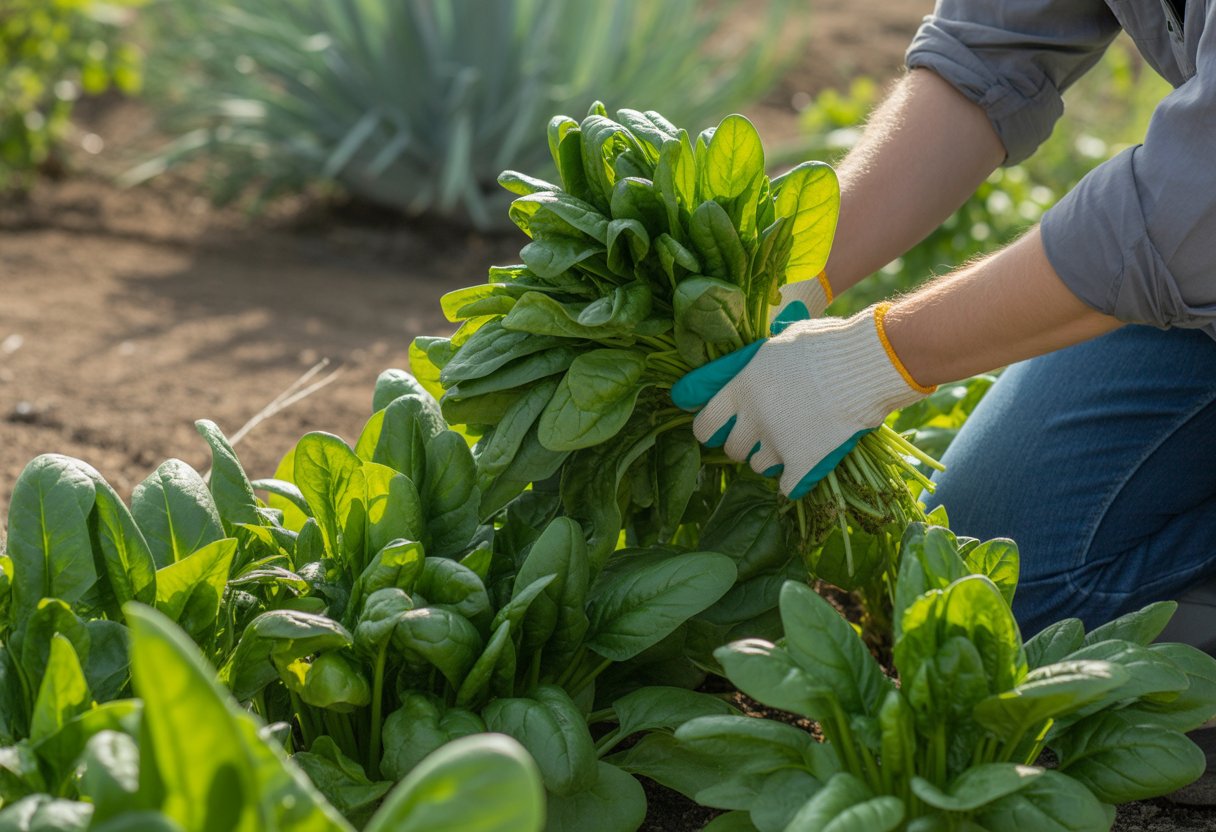 A person harvesting fresh native spinach leaves in a garden with green plants and soil.