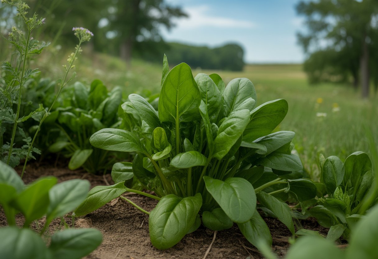 A natural garden in Missouri with green native spinach plants growing among wildflowers and trees under a clear blue sky.