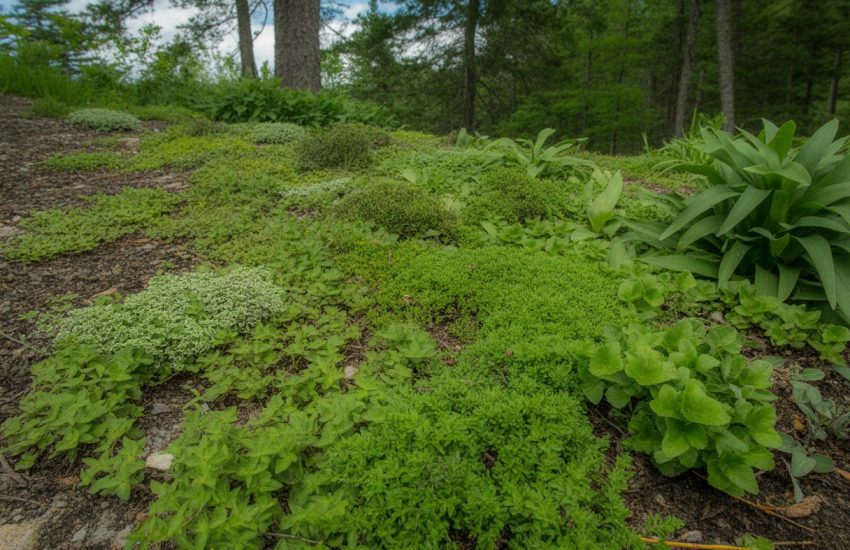 Close-up of various green ground cover plants growing on a forest floor with trees and natural sunlight in the background.