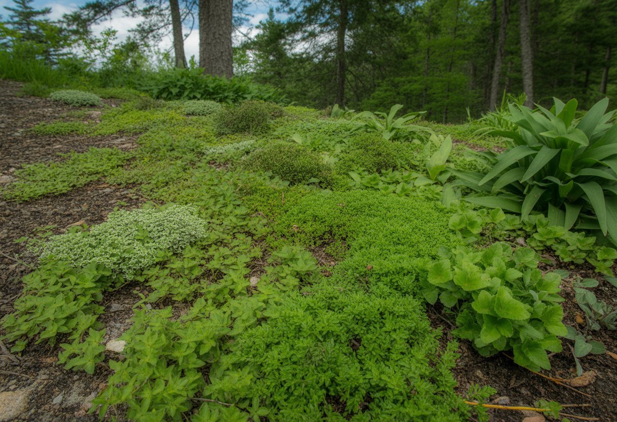 Close-up of various green ground cover plants growing on a forest floor with trees and natural sunlight in the background.