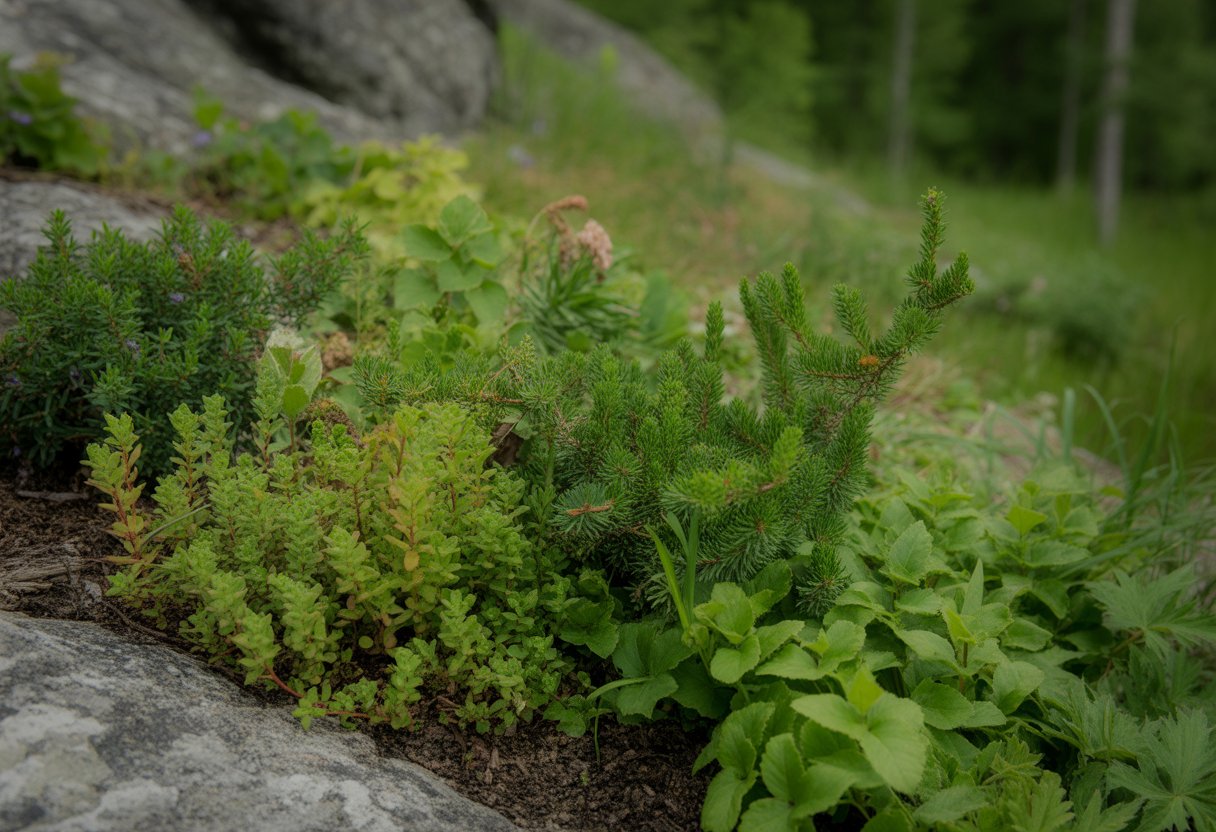 A garden bed with various green ground cover plants growing in a natural outdoor setting with forest and rocky soil in the background.