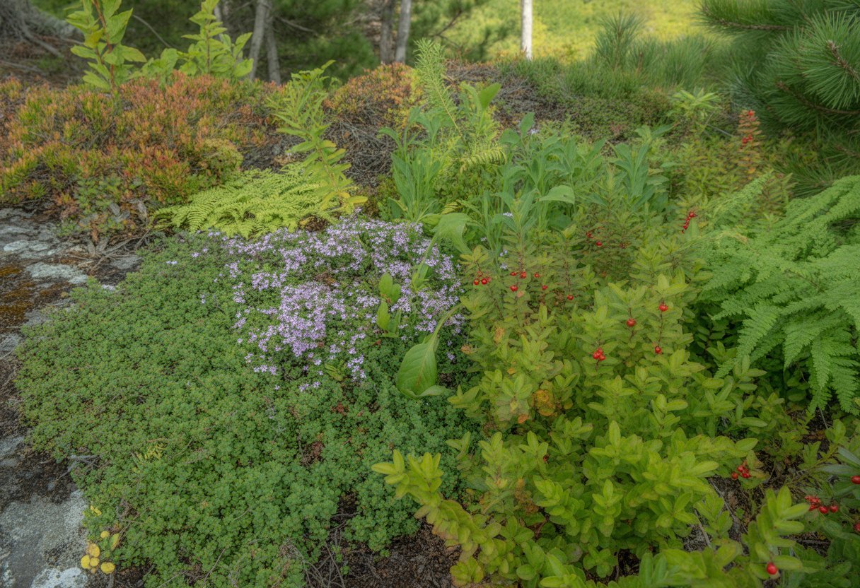 A variety of green ground cover plants growing on rocky forest floor with trees in the background.