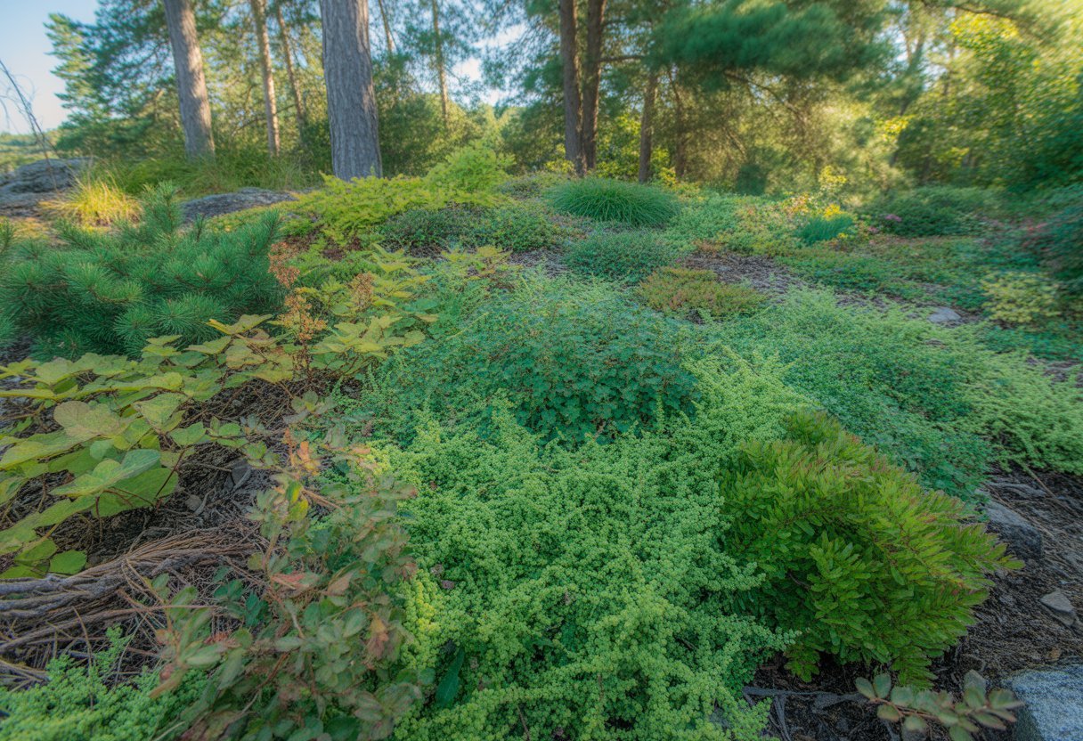 A variety of green ground cover plants growing densely on a forest floor with trees and sunlight in the background.