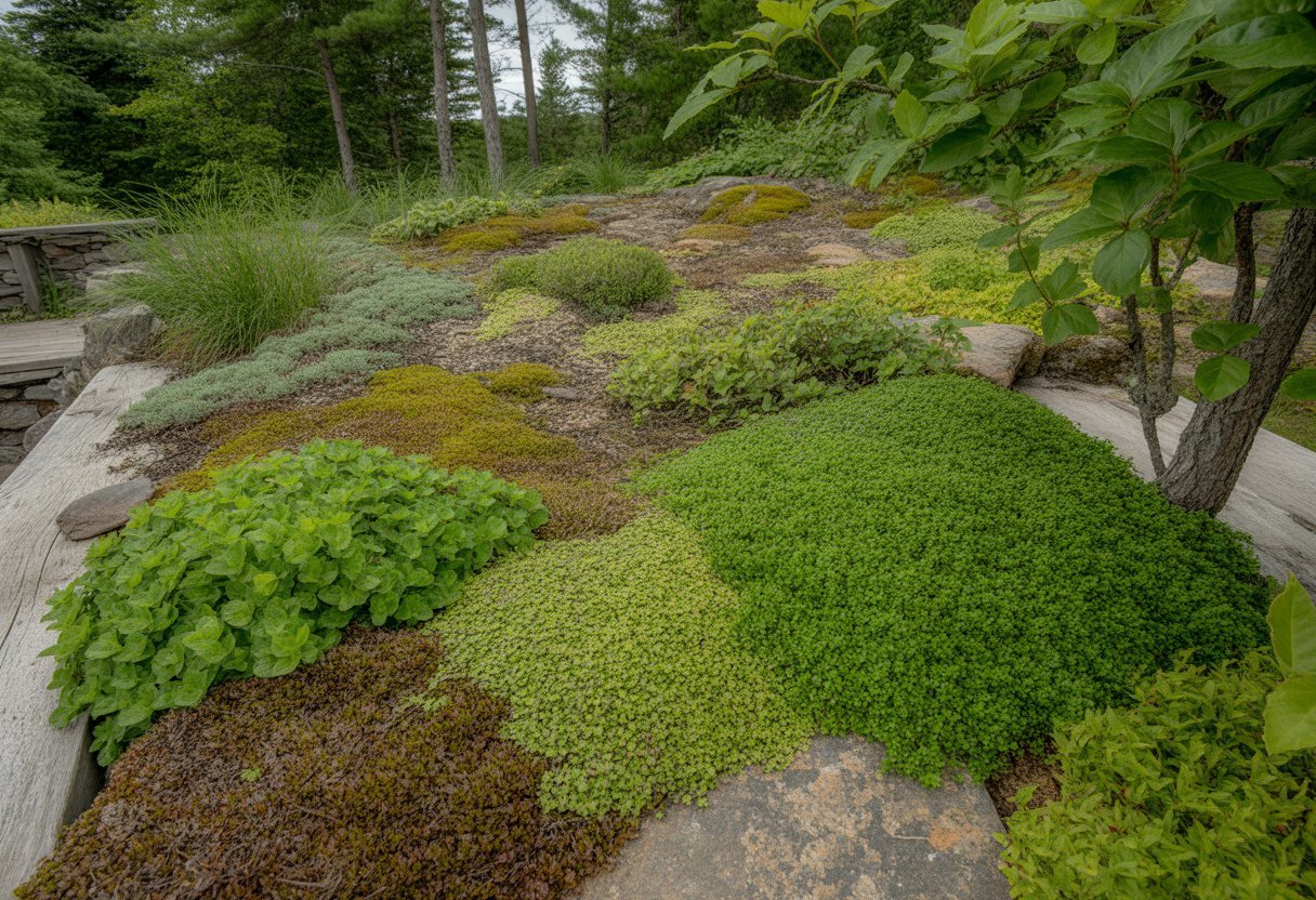 A landscaped garden in Maine with various green ground cover plants growing over rocks and soil, surrounded by pine and maple trees.