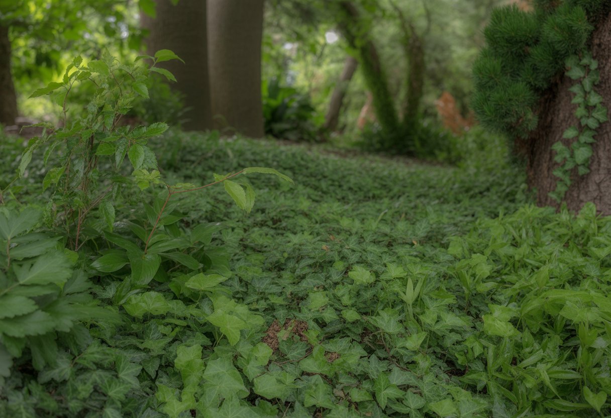 A shaded forest floor in Washington covered with dense green ground cover plants under tall trees.