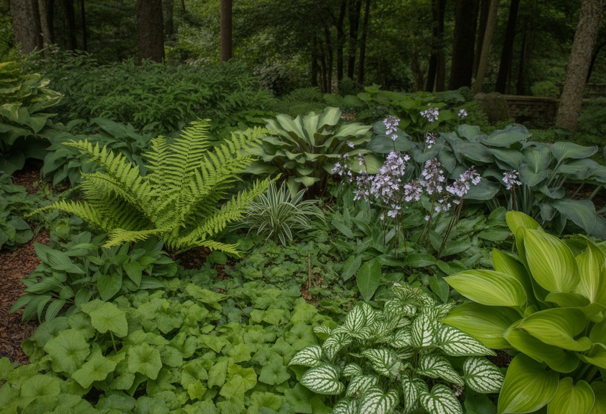A shaded garden area in Washington filled with various green ground cover plants including ferns, hostas, foamflowers, and vinca under tall trees.