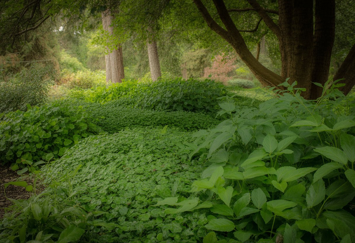A shaded forest floor in Washington covered with dense green ground cover plants beneath tall trees.