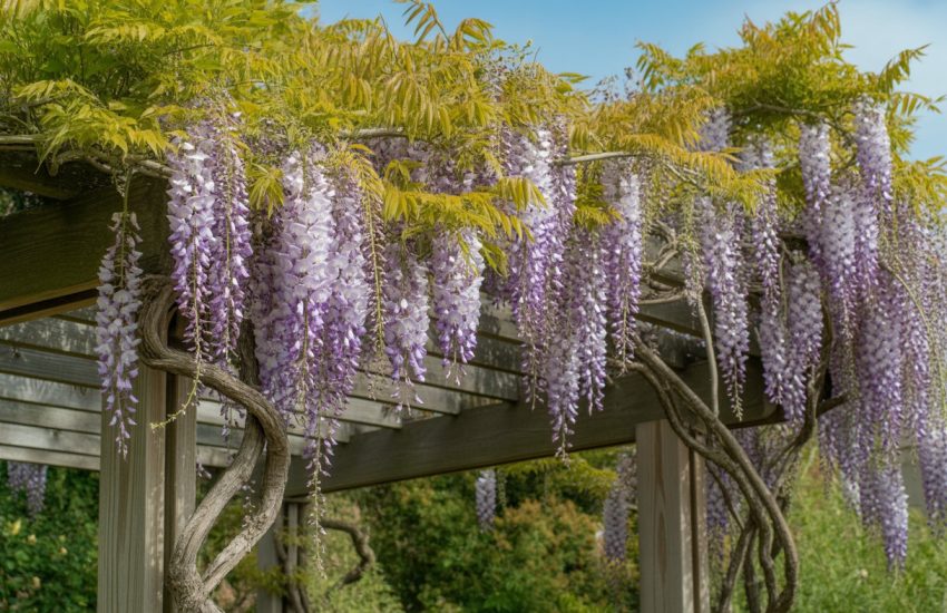 A garden with native wisteria vines blooming with purple flowers hanging from a wooden pergola surrounded by green plants under a clear sky.