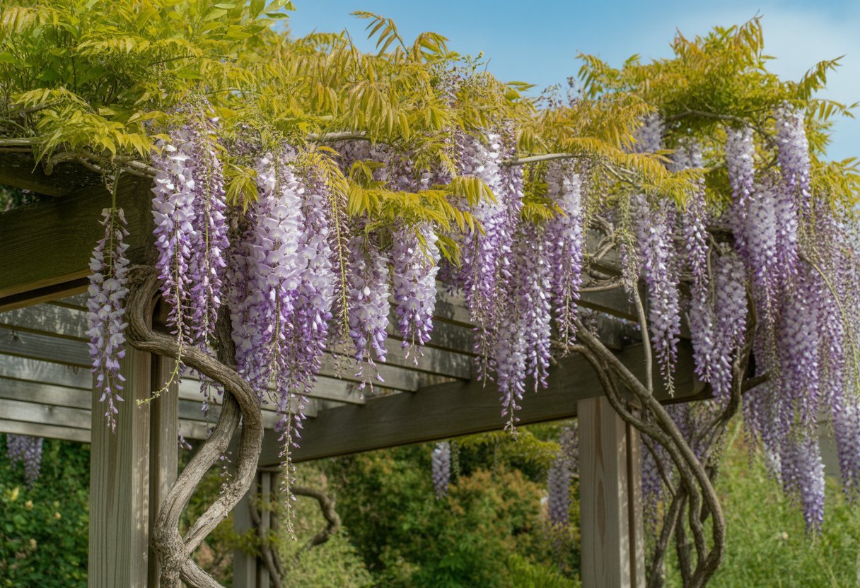 Benefits of Planting Native Wisteria for Sustainable Gardening and Ecosystem Support - PlantNative.org A garden with native wisteria vines blooming with purple flowers hanging from a wooden pergola surrounded by green plants under a clear sky.