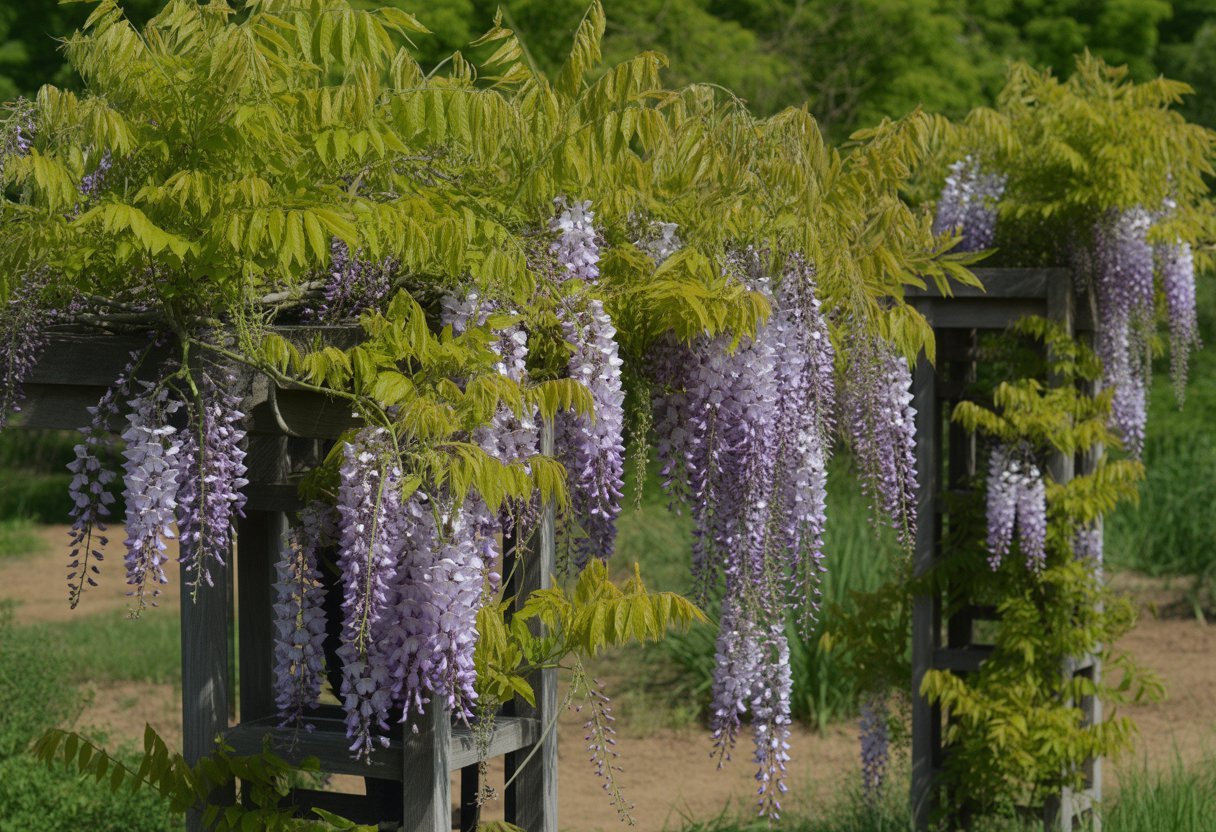 Benefits of Planting Native Wisteria for Sustainable Gardening and Ecosystem Support - PlantNative.org A close-up view of native wisteria flowers hanging from a wooden trellis in a garden with green leaves and sunlight filtering through.