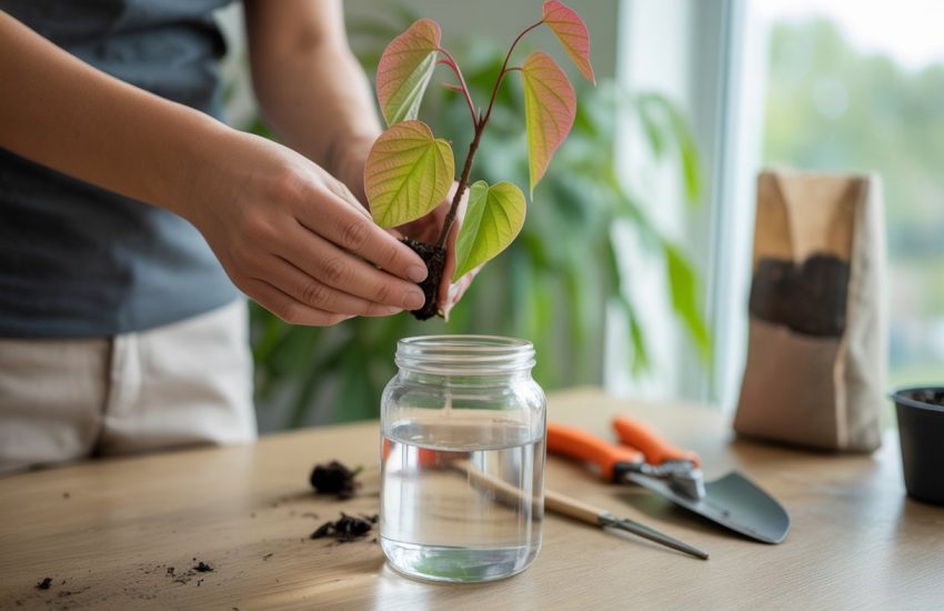 Hands placing redbud cuttings with heart-shaped leaves into a glass jar of water on a wooden table with gardening tools nearby.