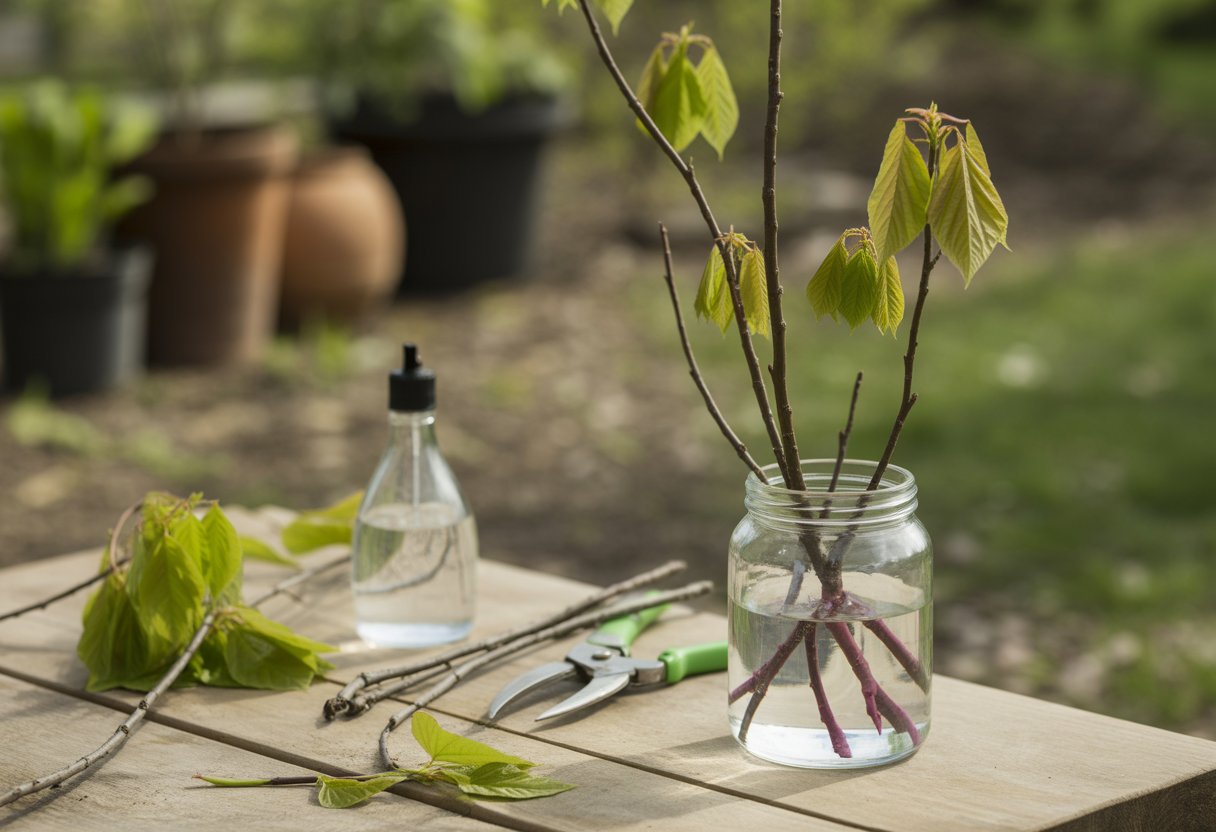 Close-up of Redbud tree cuttings placed in a glass jar of water on a wooden table with gardening tools nearby in a garden setting.
