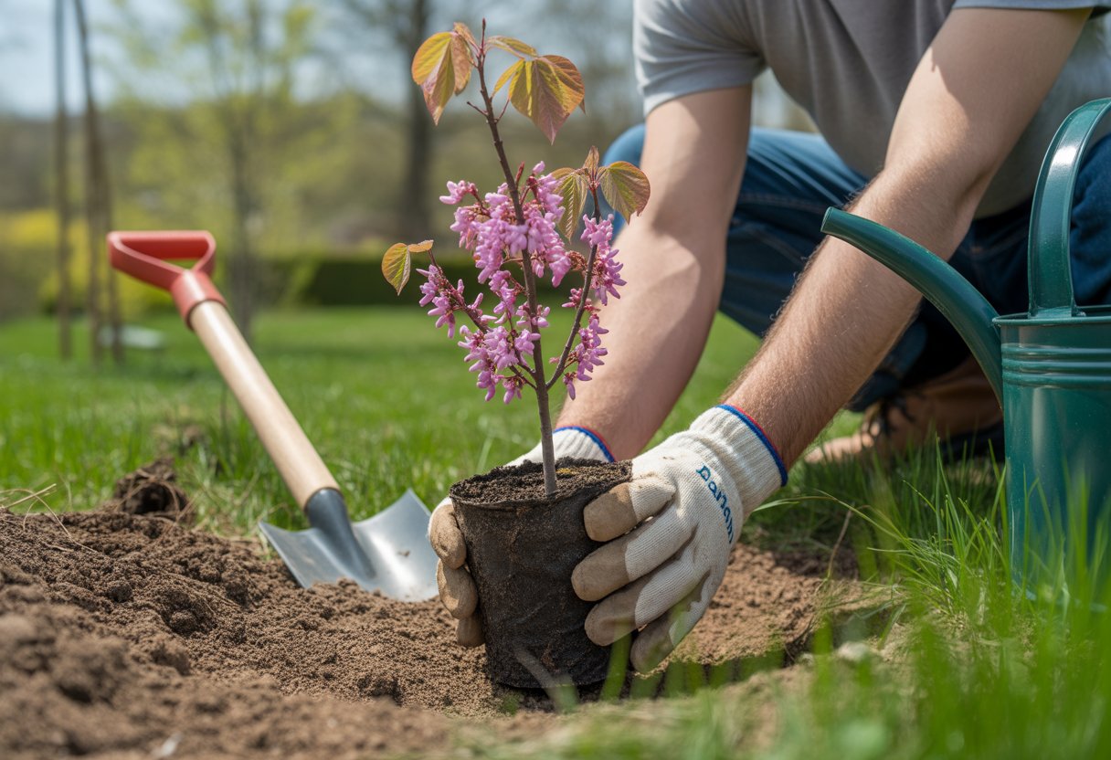 A gardener planting a young redbud tree sapling with pinkish-purple flowers in a sunny garden.