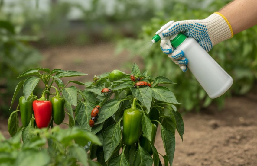 A gardener spraying natural pesticide on healthy pepper plants with beneficial insects nearby in a sunny garden.