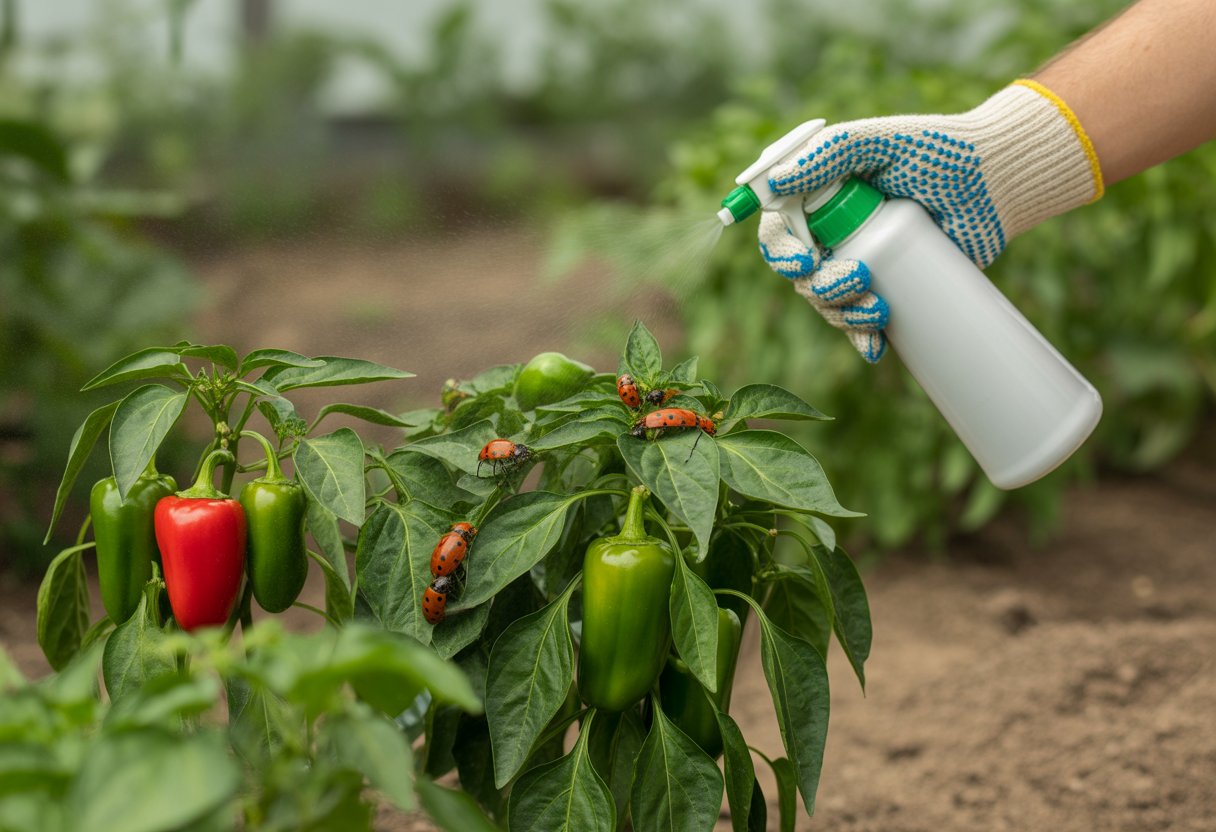 A gardener spraying natural pesticide on healthy pepper plants with beneficial insects nearby in a sunny garden.