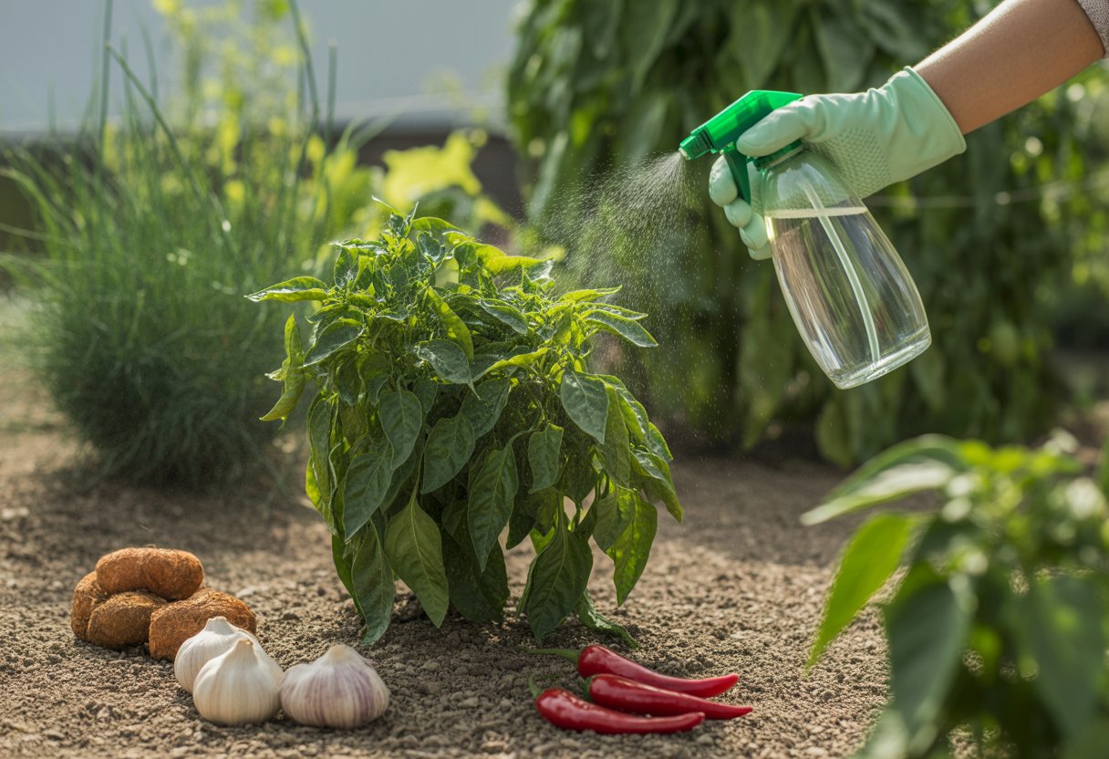 A gardener spraying organic pest control solution on healthy green pepper plants surrounded by natural repellents like neem leaves, garlic, and chili peppers in a garden.