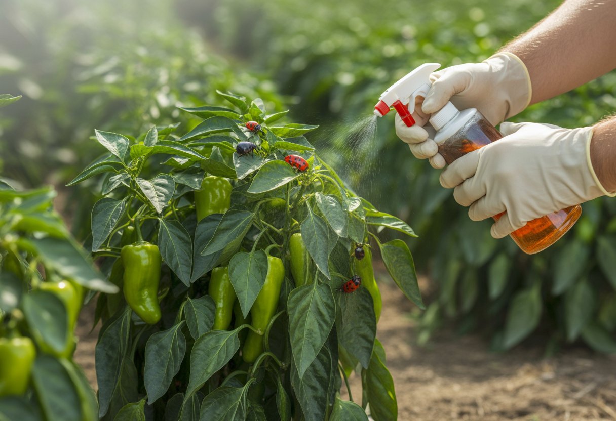 A farmer inspecting healthy pepper plants and applying organic pest control in a sunny pepper field with beneficial insects nearby.