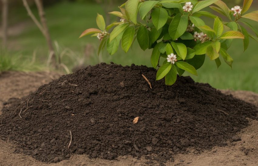 Close-up of rich, dark soil with a healthy serviceberry shrub growing in the background.