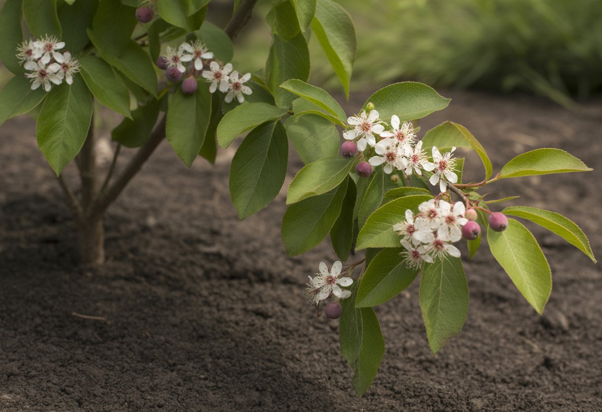 Best Soil for Serviceberry Growth Essential Tips for Optimal Plant Health - PlantNative.org Close-up of a serviceberry plant with white flowers and ripe purple berries growing in dark fertile soil.