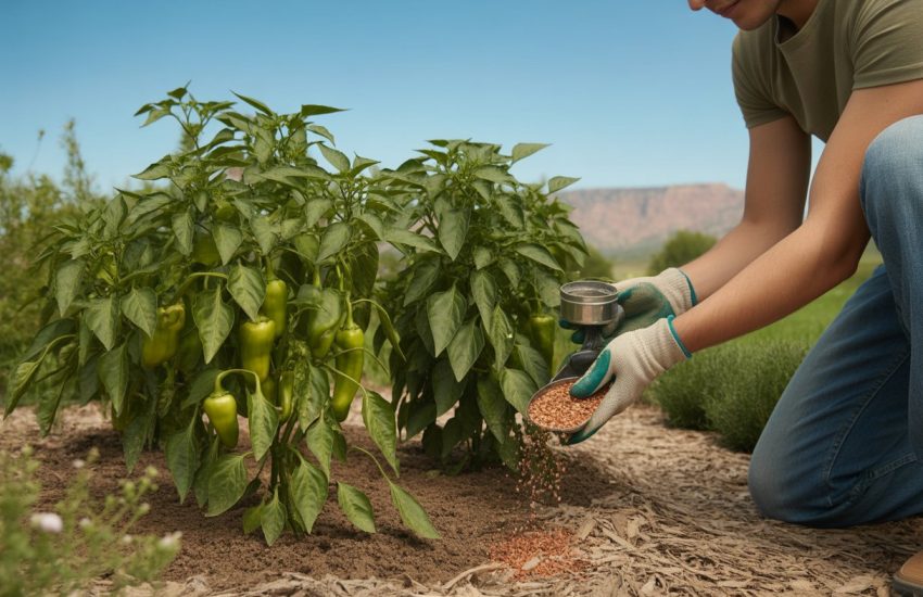 A gardener applying fertilizer to pepper plants in a sunny Utah garden with red rock formations in the background.