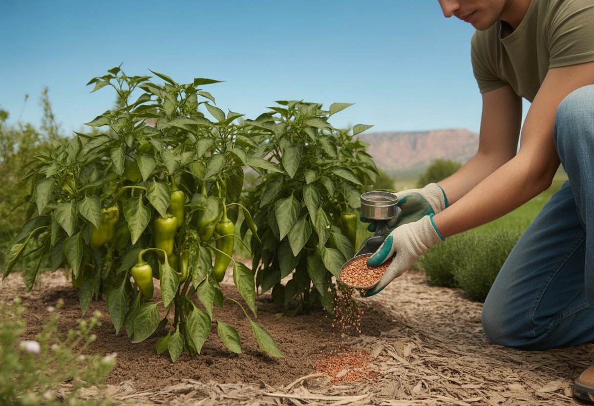 A gardener applying fertilizer to pepper plants in a sunny Utah garden with red rock formations in the background.