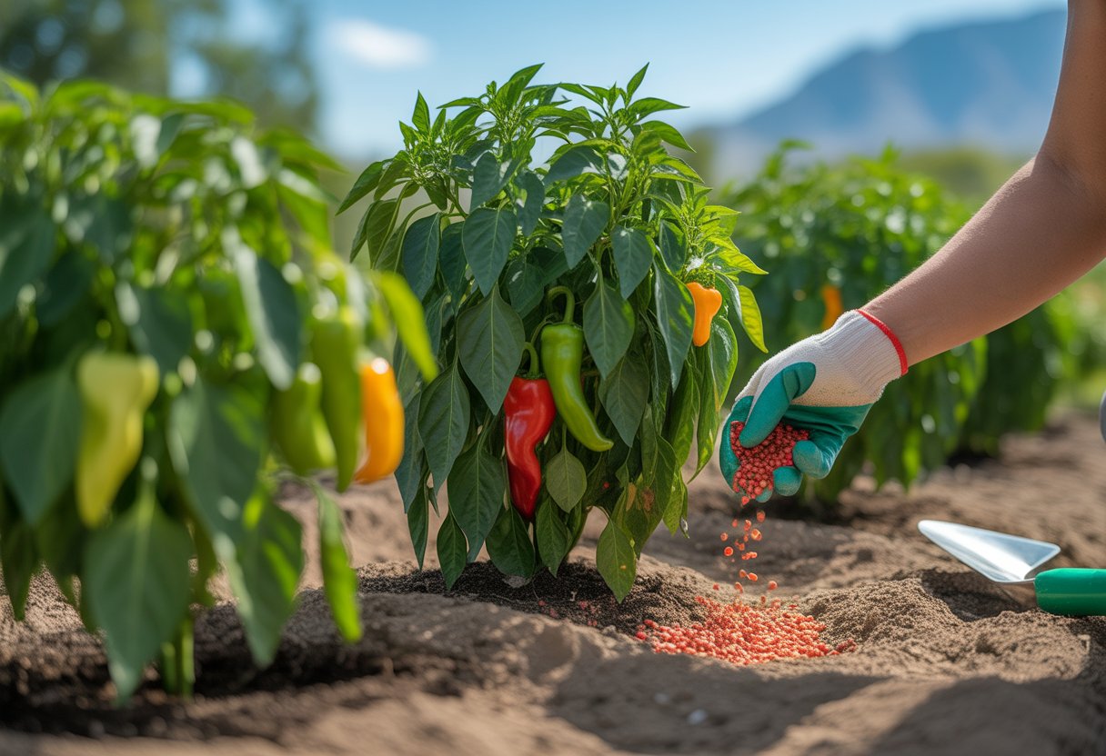 A gardener fertilizing healthy pepper plants in a sunny Utah garden with mountains in the background.