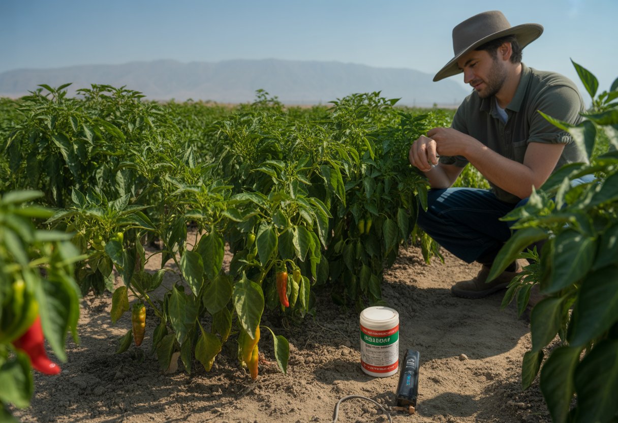 A farmer inspecting pepper plants in a field in Utah with mountains in the background and fertilizer equipment nearby.