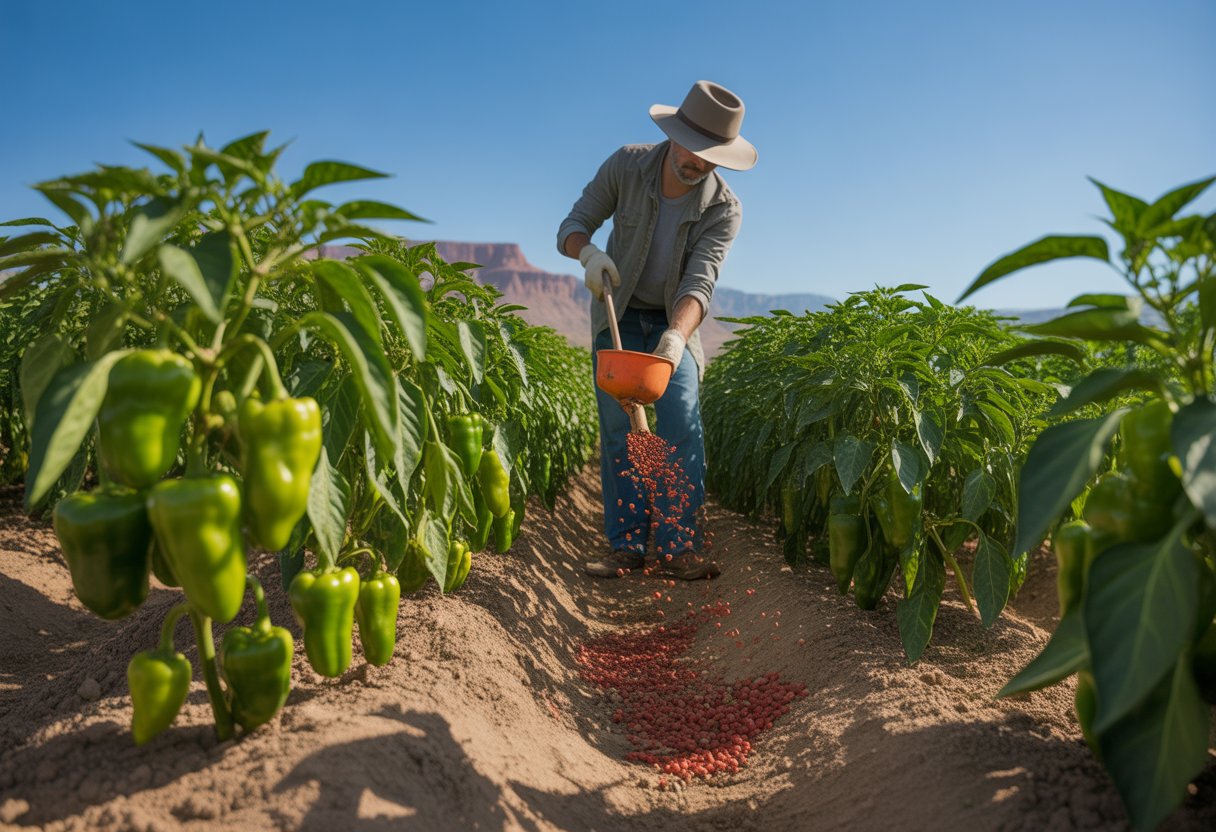 A farmer applying fertilizer to healthy pepper plants on a farm with Utah red rock formations in the background.