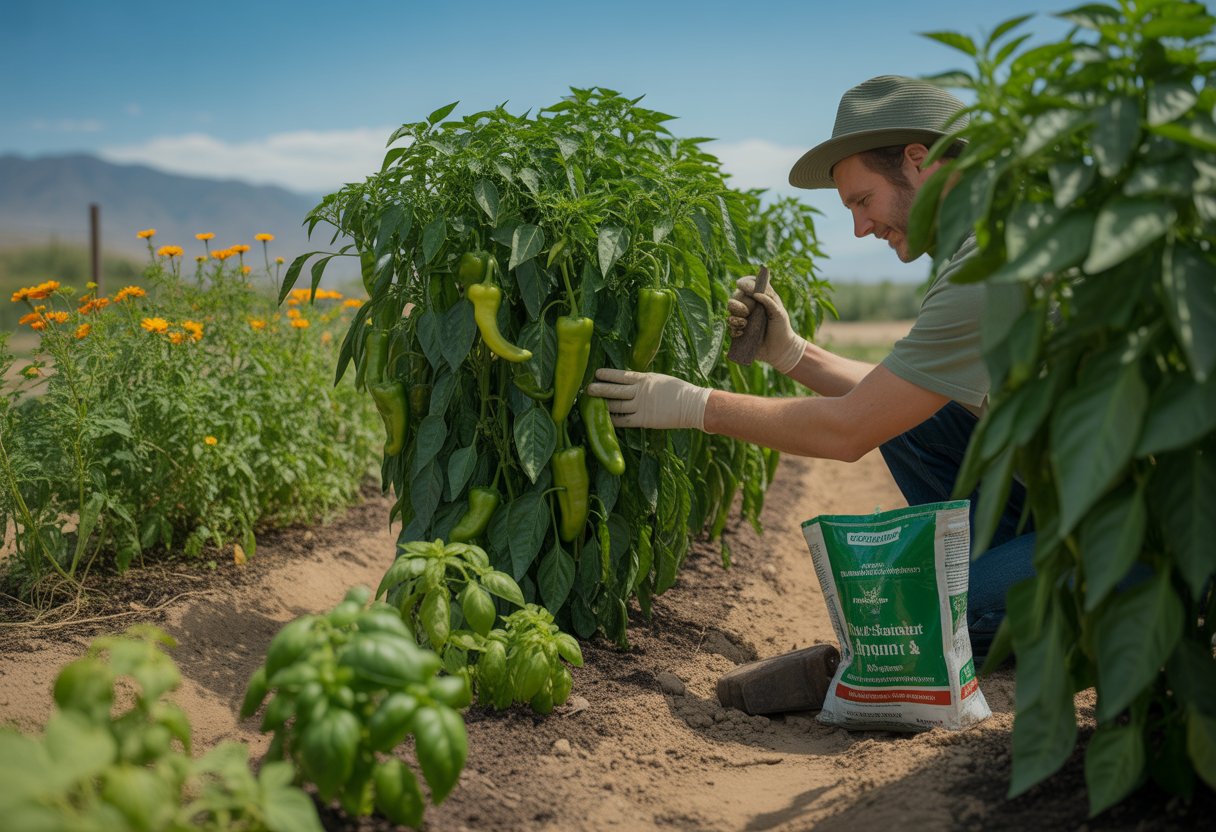 A farmer inspecting healthy pepper plants growing alongside companion plants in a sunny garden with mountains in the background.