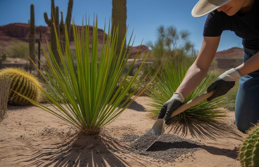 A gardener fertilizing green sedge plants in a sunny Arizona desert garden with cacti and red rocks in the background.