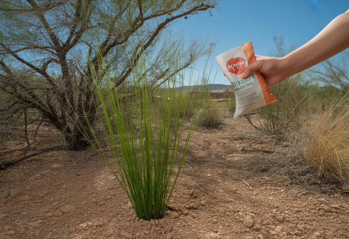 When to Fertilize Sedges in Arizona Best Practices for Optimal Growth and Yield - PlantNative.org A healthy sedge plant growing in Arizona soil with sunlight filtering through nearby desert vegetation and a gardener's hand holding a watering can.