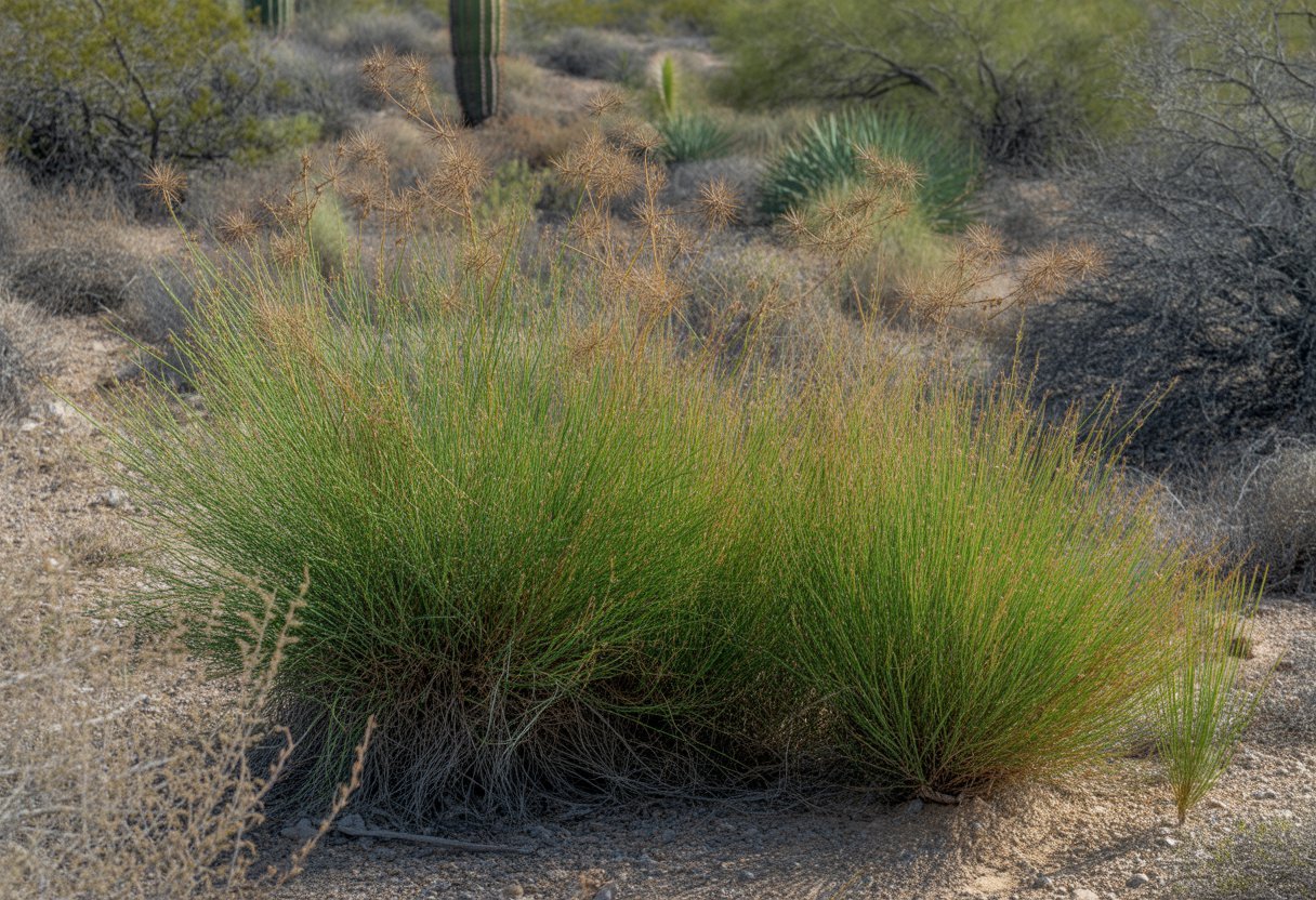 When to Fertilize Sedges in Arizona Best Practices for Optimal Growth and Yield - PlantNative.org A close-up of green sedge plants growing in a dry desert landscape with cacti and shrubs in the background.