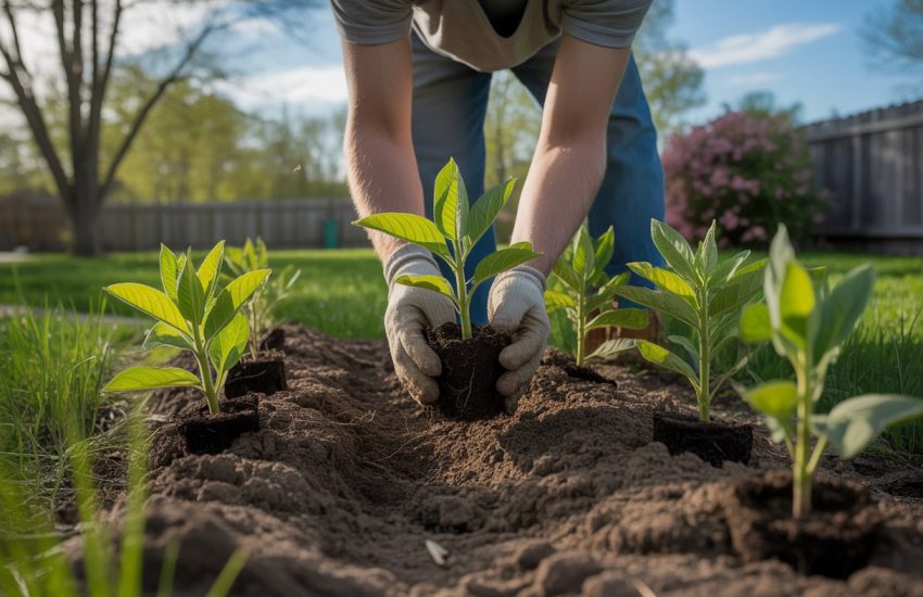 A person planting milkweed seedlings in a sunny garden with green grass and budding trees in the background.