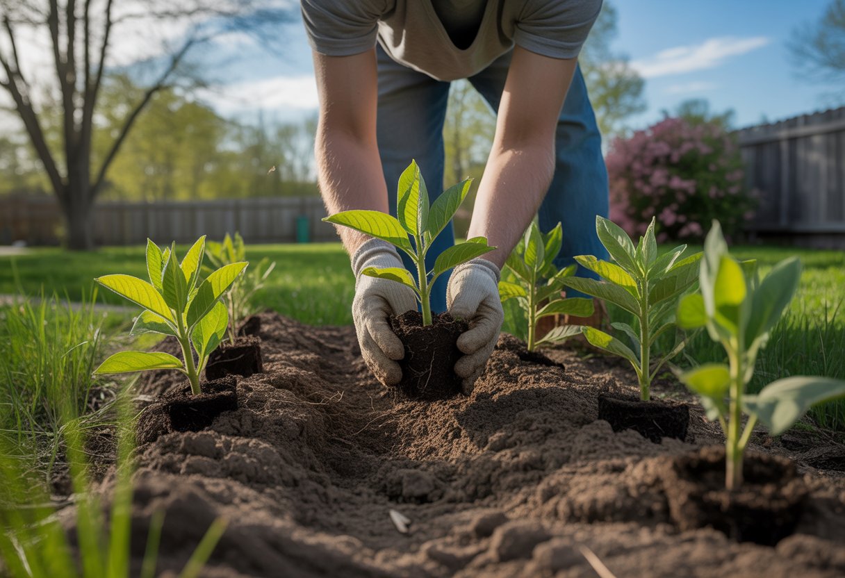 When to Plant Milkweed in North Carolina for Optimal Growth and Monarch Support - PlantNative.org A person planting milkweed seedlings in a sunny garden with green grass and budding trees in the background.