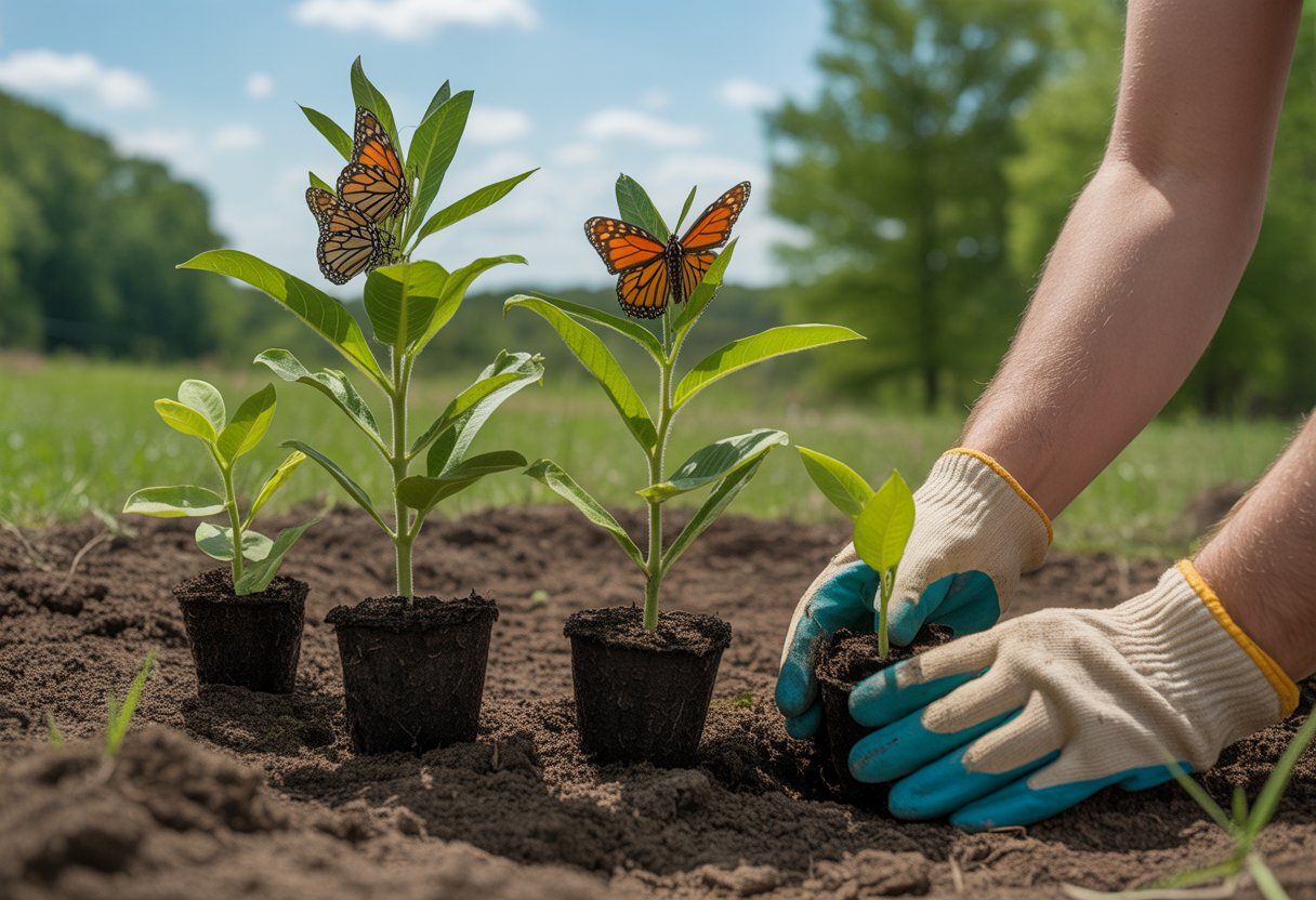 When to Plant Milkweed in North Carolina for Optimal Growth and Monarch Support - PlantNative.org A gardener planting milkweed seedlings in a sunny garden with mature milkweed plants and monarch caterpillars nearby.