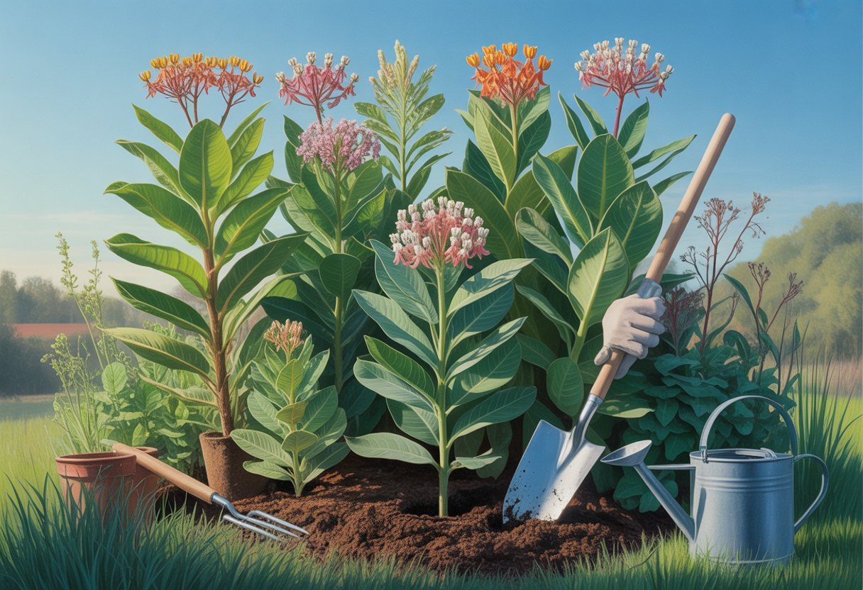 When to Plant Milkweed in North Carolina for Optimal Growth and Monarch Support - PlantNative.org A gardener planting different types of milkweed plants in a sunny garden with various milkweed flowers in bloom.