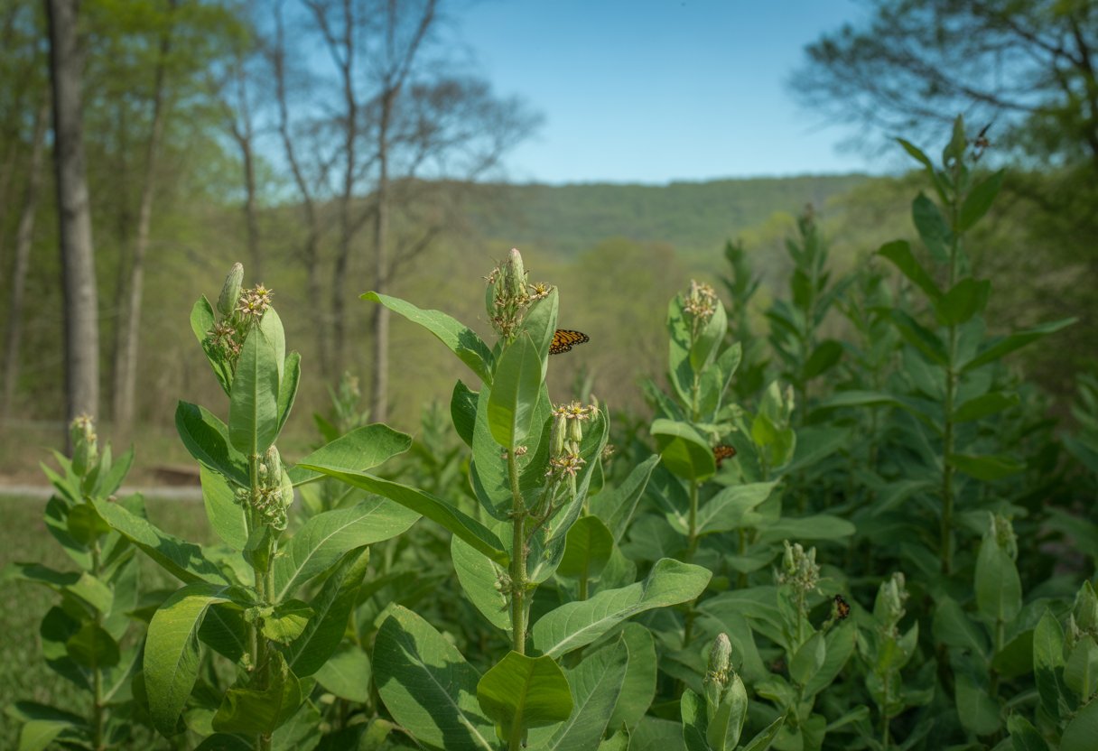 When to Plant Milkweed in North Carolina for Optimal Growth and Monarch Support - PlantNative.org A garden in North Carolina with green milkweed plants and monarch butterflies resting on the leaves under soft sunlight.