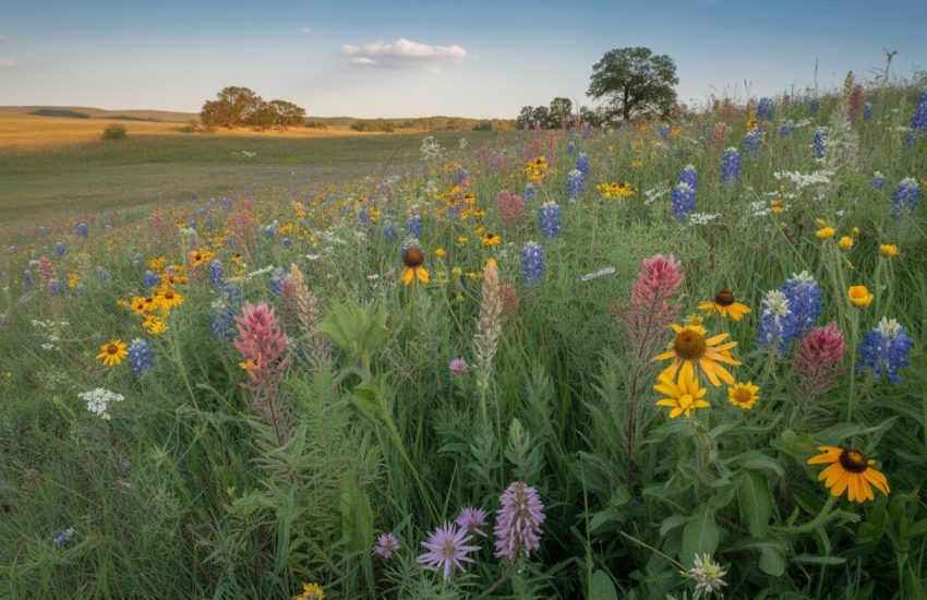 A colorful wildflower meadow in Oklahoma with various blooming flowers and distant trees under a blue sky.