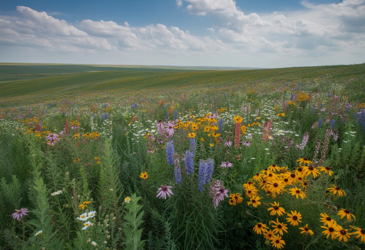 A wide meadow filled with colorful wildflowers and grasses under a blue sky with white clouds.