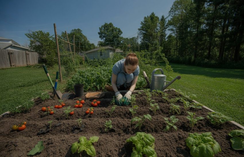 A person planting vegetable seedlings in a garden with rows of young plants and trees in the background.