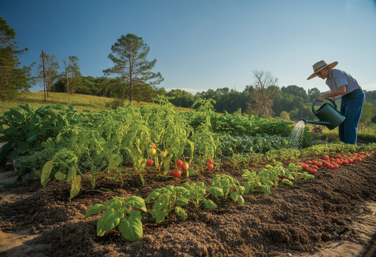 Vegetable Planting Guide Alabama: Essential Tips for Successful Growing Seasons - PlantNative.org A farmer tending to rows of young vegetable plants in a sunny outdoor garden surrounded by trees and hills.