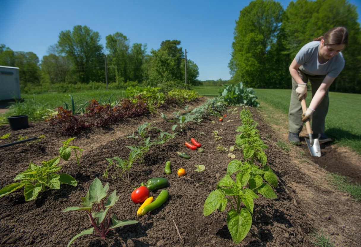 Vegetable Planting Guide Alabama: Essential Tips for Successful Growing Seasons - PlantNative.org A gardener planting young vegetable seedlings in a sunny outdoor garden with rows of various healthy vegetable plants and green trees in the background.