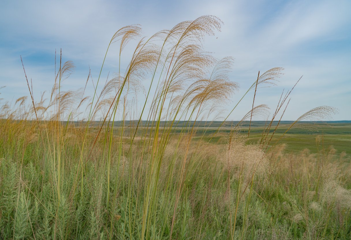 Native prairie dropseed grass growing in a wide Nebraska prairie landscape with other grasses and wildflowers under a blue sky.