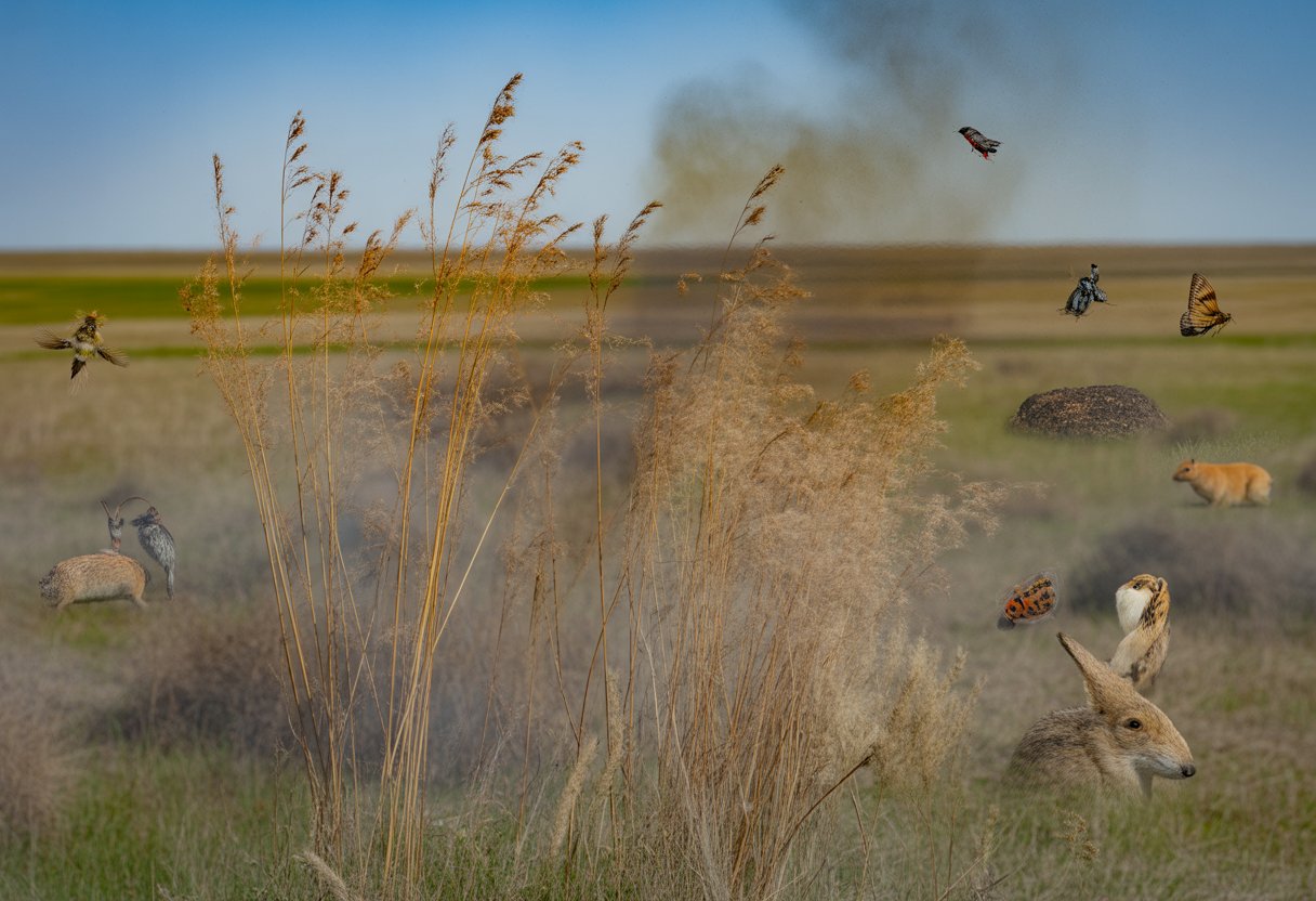 A Nebraska prairie scene showing native prairie dropseed grass with small birds, insects, and a small mammal, along with patches of charred ground from recent fire.